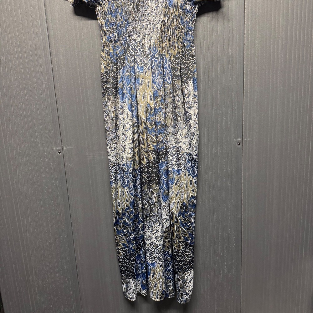 OSTOO Womens XXL Blue Paisley Peacock Print Smocked Waist V-Neck Maxi Dress
